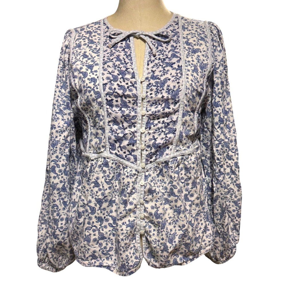 Old Navy M Poet Top Oversized Peasant Blue Paisley Cottage Boho Spring Hippie